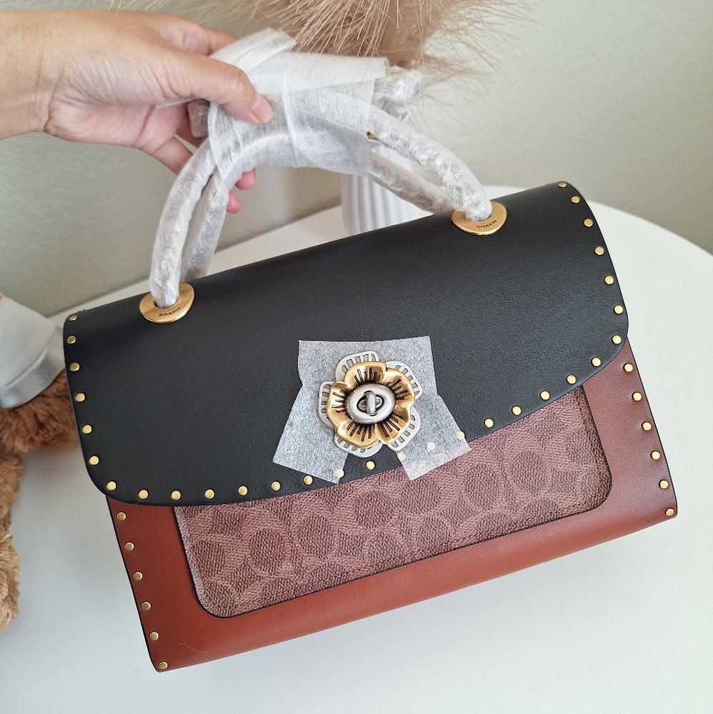 Coach Parker With Tea Rose Rivets And Snakeskin Detail Black Multi Brass 29416